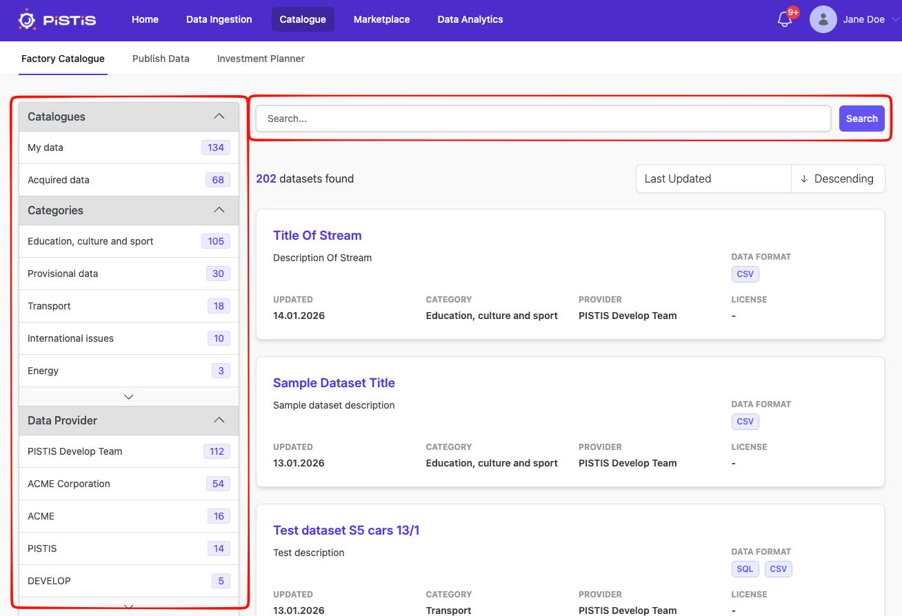 Search for datasets
