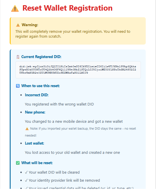 Reset Wallet registration Reset Wallet registration